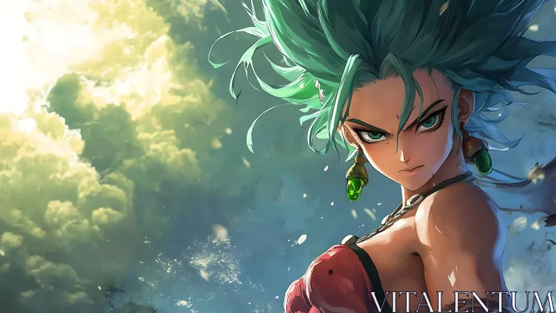 Dynamic anime warrior rendered with dramatic atmospheric lighting