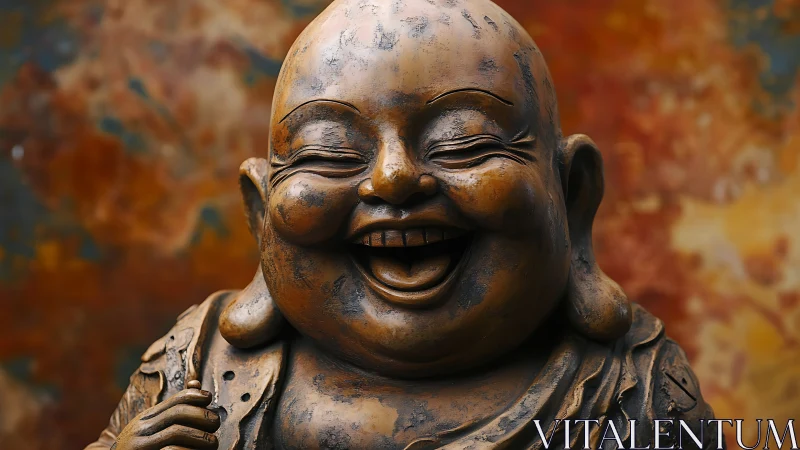 Laughing Buddha sculpture radiates joy in warm bronze tones