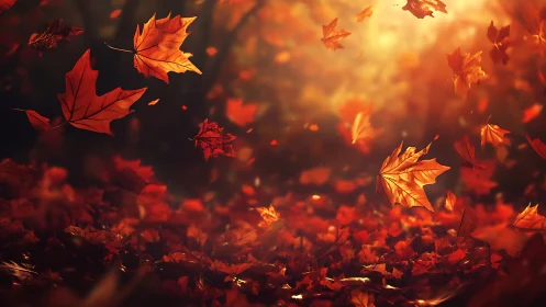 Crimson autumn leaves drift through warm golden forest light