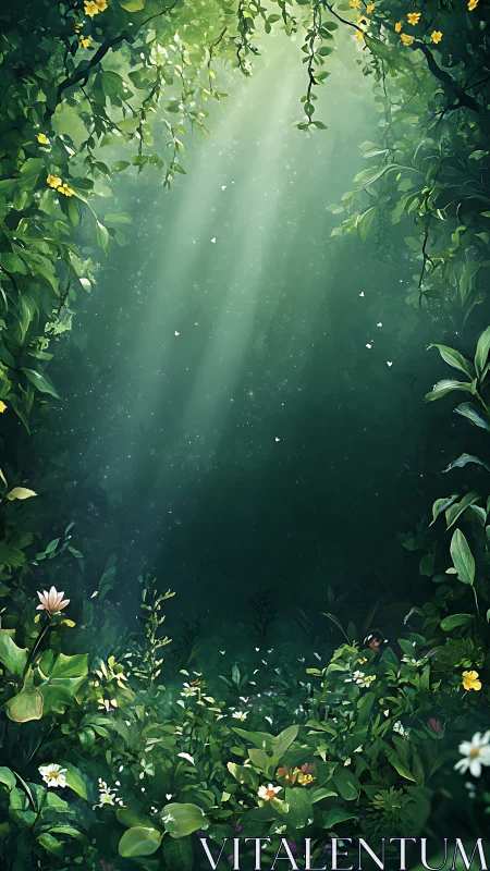 Luminous Forest Canopy With Radiant Volumetric Light Rays Through Suspended Botanical Elements