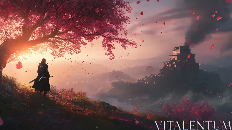 Lone dusk ronin under burning sakura skies of reckoning.