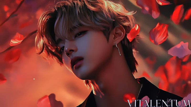 Velvet dusk portrait of androgynous youth in falling petals.