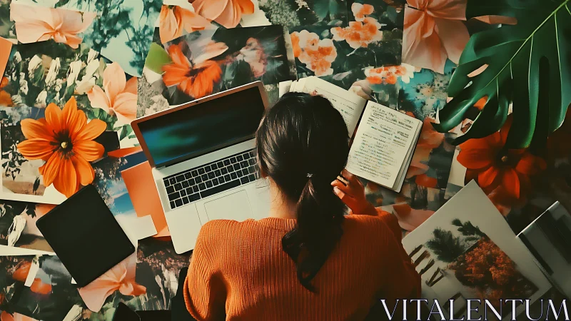 Overhead computational workspace amid saturated floral collage.