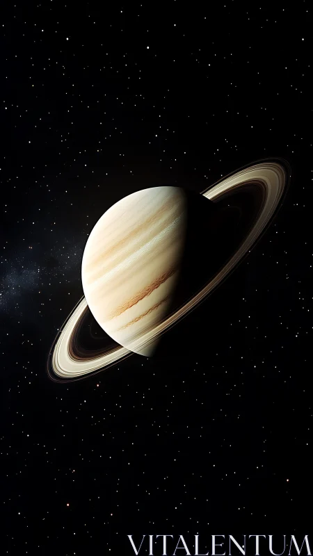 Ringed gas giant planet against dense star field in space.