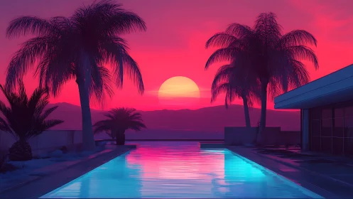 Neon sunset oasis over a mirror-slick tropical poolscape.