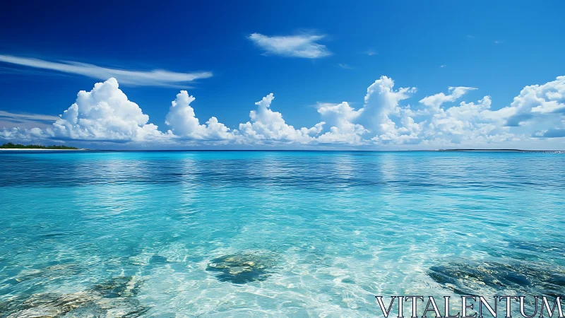 Turquoise tropical sea under towering cumulus clouds.