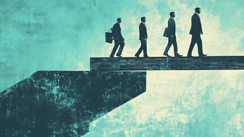 Business leaders crossing conceptual gap on stylized bridge.