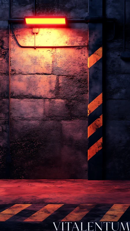 Industrial corridor wall under red safety light glow.