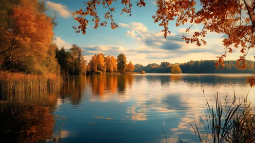 Golden autumn lake quietly rehearses its sunset symphony