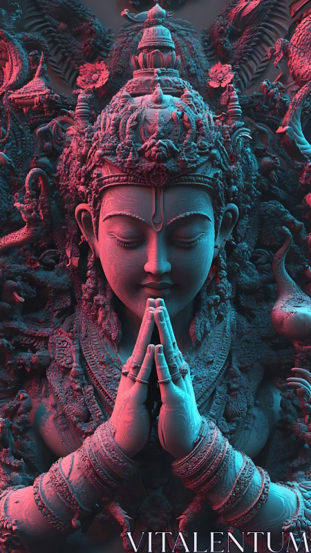 Deity statue with folded hands rendered in detailed 3D lighting