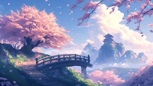 Gentle cherry blossoms frame a quiet bridge to distant peaks