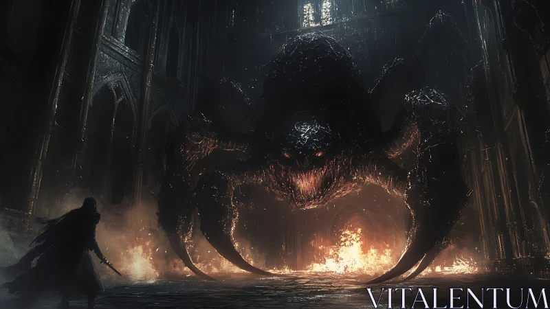 Lone hero confronting a towering infernal spider beast.