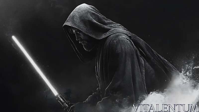 Hooded figure holds glowing energy sword in dark fog
