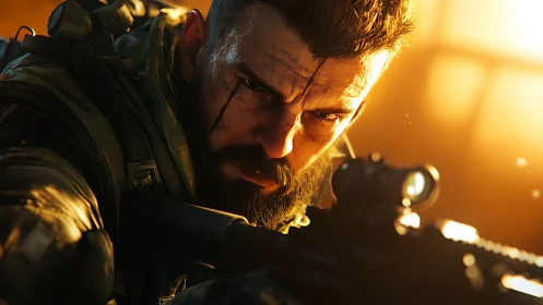 Battle-hardened sniper steadies his aim in burning sunset light