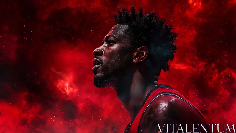 Stellar court warrior crowned in cosmic red thunderstorm.