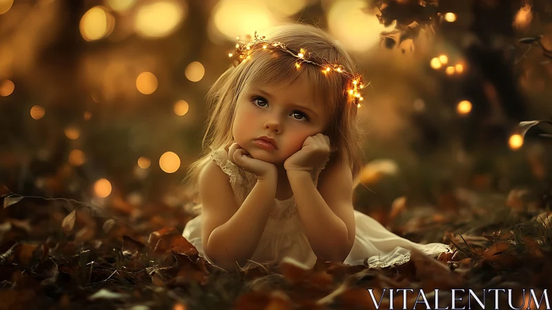 Young Girl Contemplating Among Autumn Leaves and Golden Lights