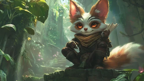Small foxlike explorer character in dense jungle ruins scene.