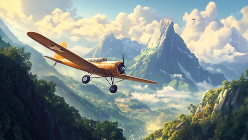 Golden vintage monoplane cuts across sunlit alpine valley sky