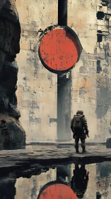 Solitary astronaut before massive red circular gateway.