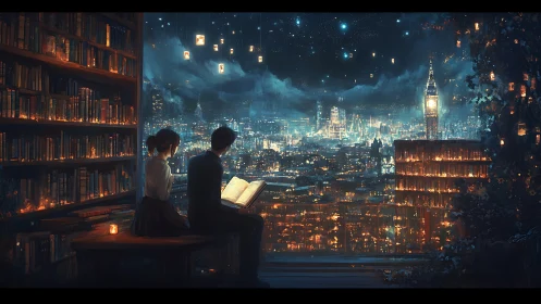 Nocturnal library lookout over luminous storybook cityscape.