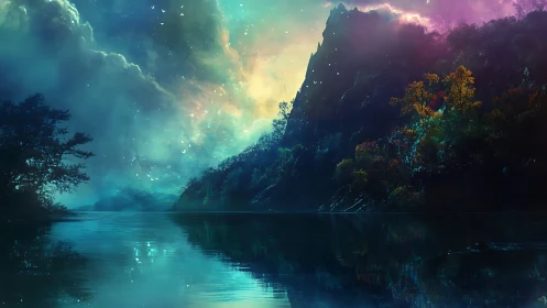 Mythic mountain lake under iridescent cosmic sky.