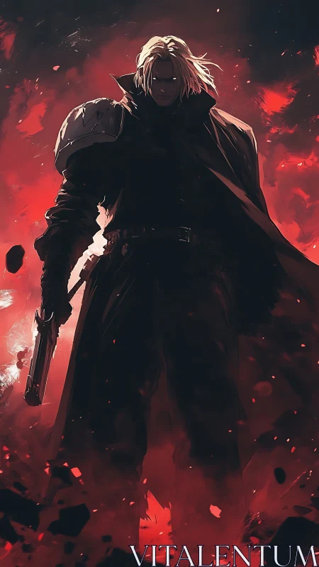 Dark anime gunfighter framed by infernal red flames.