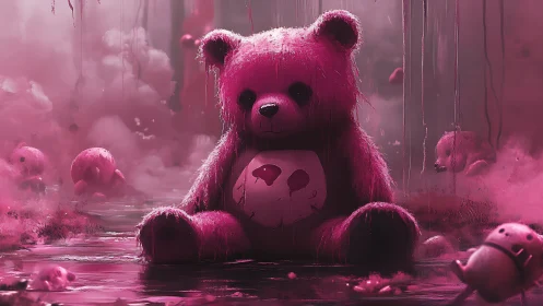 Large pink teddy bear in foggy flooded environment.