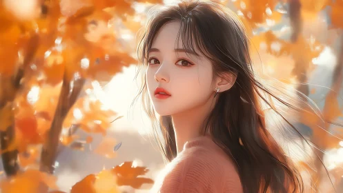Autumn portrait of girl amid glowing orange foliage.