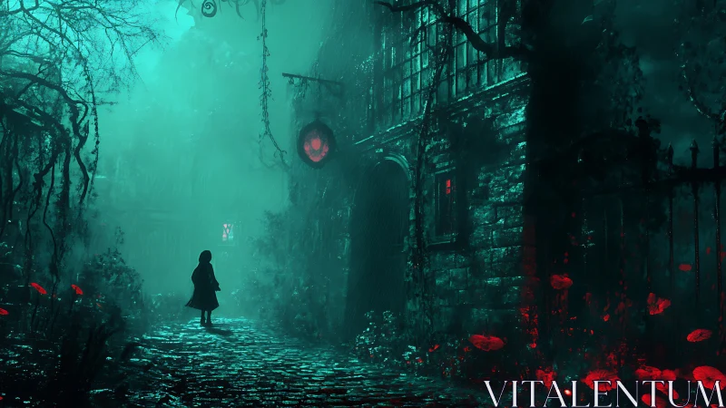 Moonlit red door hums while a lone wanderer hesitates