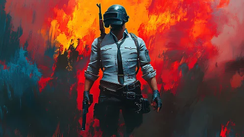 Helmeted shooter in tactical gear amid fiery backdrop.