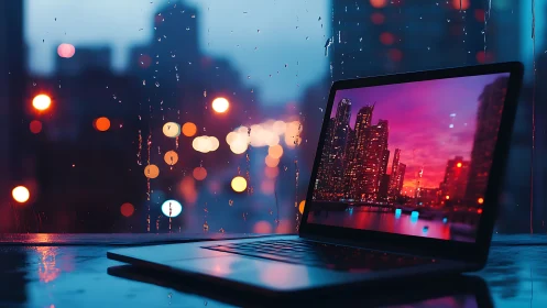 Laptop shows illuminated city skyline against rainy window