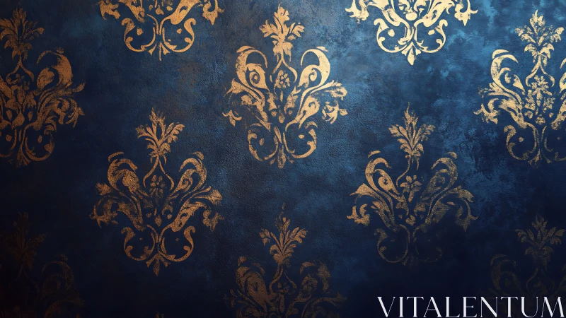 Ornate gold damask motifs glow on deep blue background.