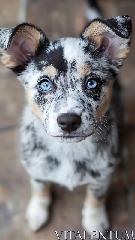 Blue-eyed speckled puppy locks gaze with quiet, curious delight