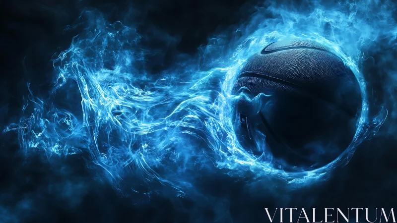 Electric blue flames swirl around a dramatic basketball sphere