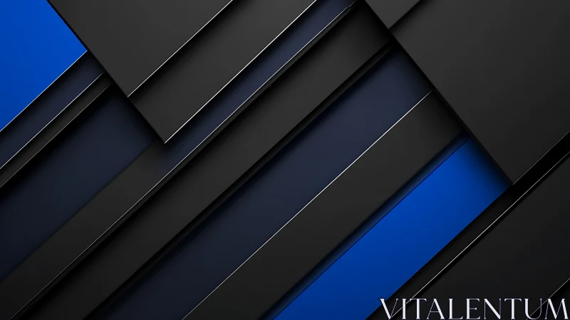 Layered black and blue geometric panels create sleek depth