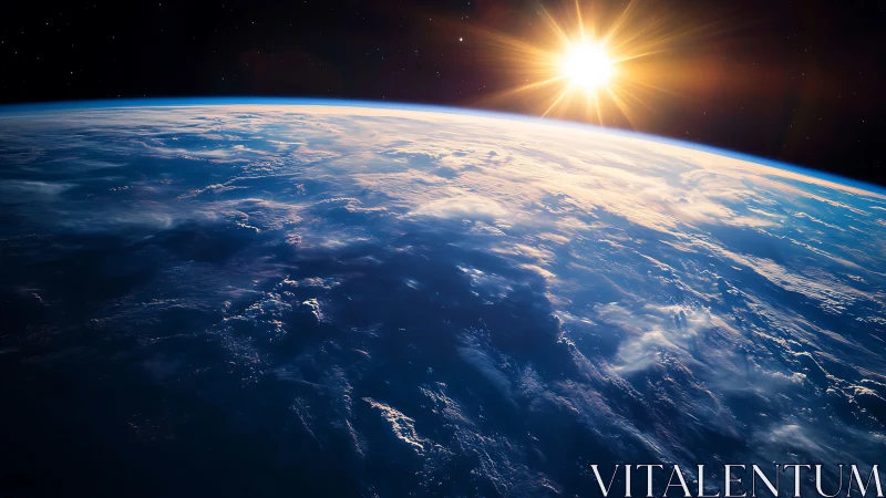 Earth horizon from orbit under radiant golden sunrise glow.