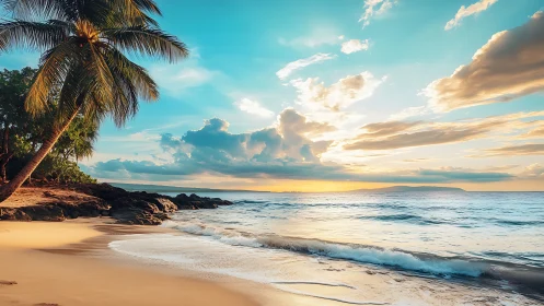 Golden Sunset Beach with Swaying Palms and Ocean Waves