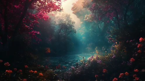 Enchanted riverside glade glowing with dreamy forest light.
