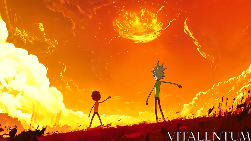 Apocalyptic orange sky with stylized duo observing cosmic firestorm