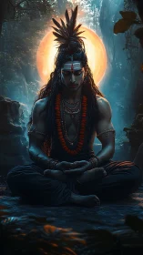 Divine yogic figure meditates before radiant backlit halo