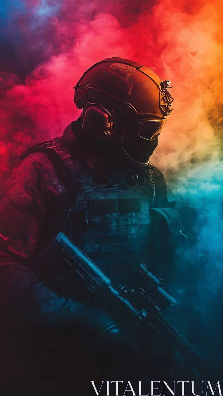 Tactical soldier stands in neon smoke with rifle ready