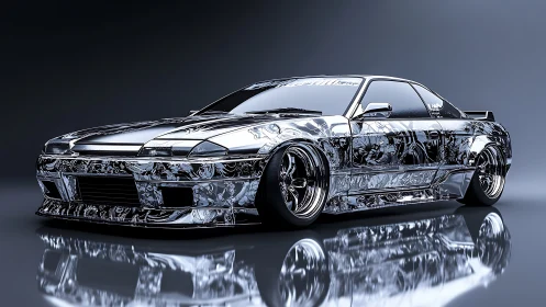 Highly reflective modified coupe displays chrome anime livery