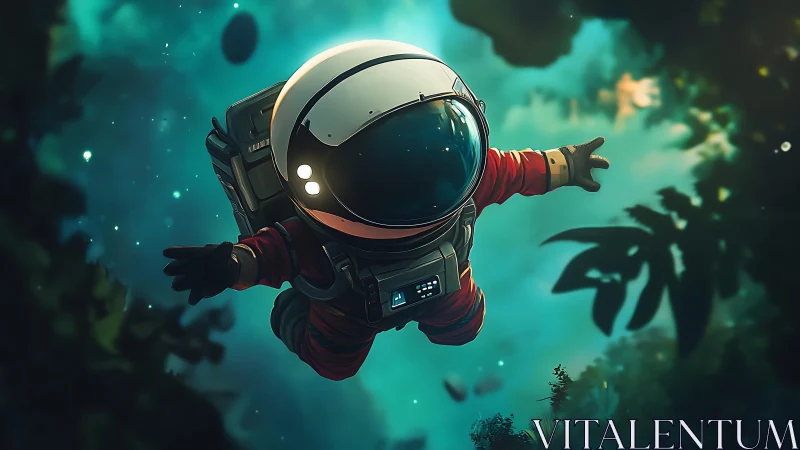 Solitary astronaut figure suspended in teal forest void.