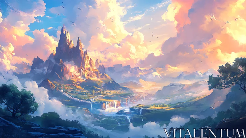 Sunlit fantasy mountains over rivers and clouds landscape.
