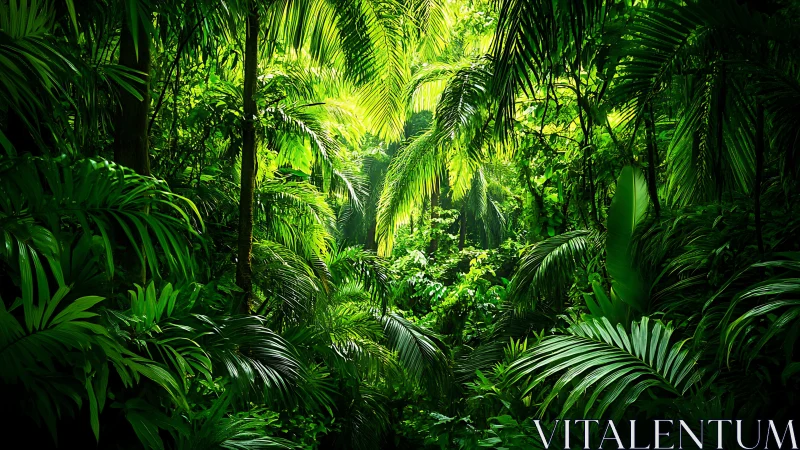 Lush tropical jungle canopy glowing with vibrant green light