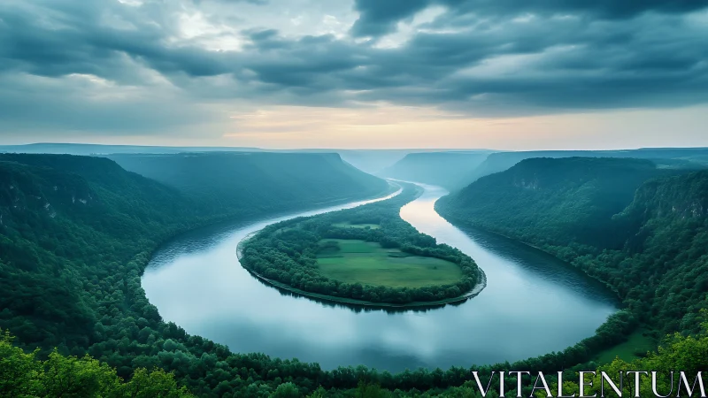 River meander encircles lush valley under storm clouds.