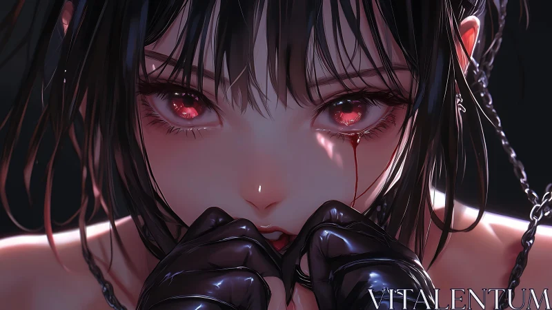 Crimson-eyed girl in chains with glossy gloves and tears.