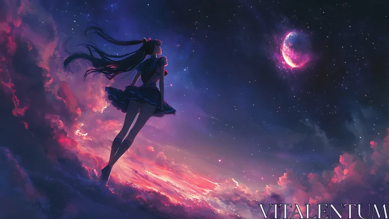 Silhouetted anime girl studies crescent moon in chromatic dusk sky
