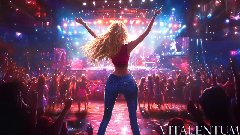 Digital crowd scene with blonde woman leading neon concert.
