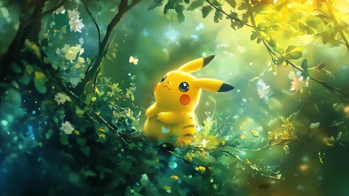 Diffuse backlit Pikachu rendered in luminous forest bokeh field